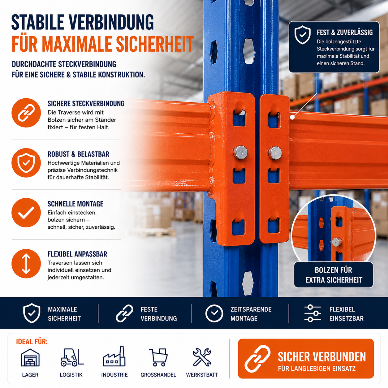 Palettenregal verzinkt – 2,70 m Breite | 2,00–4,50 m Höhe | 1.500 kg Fachlast