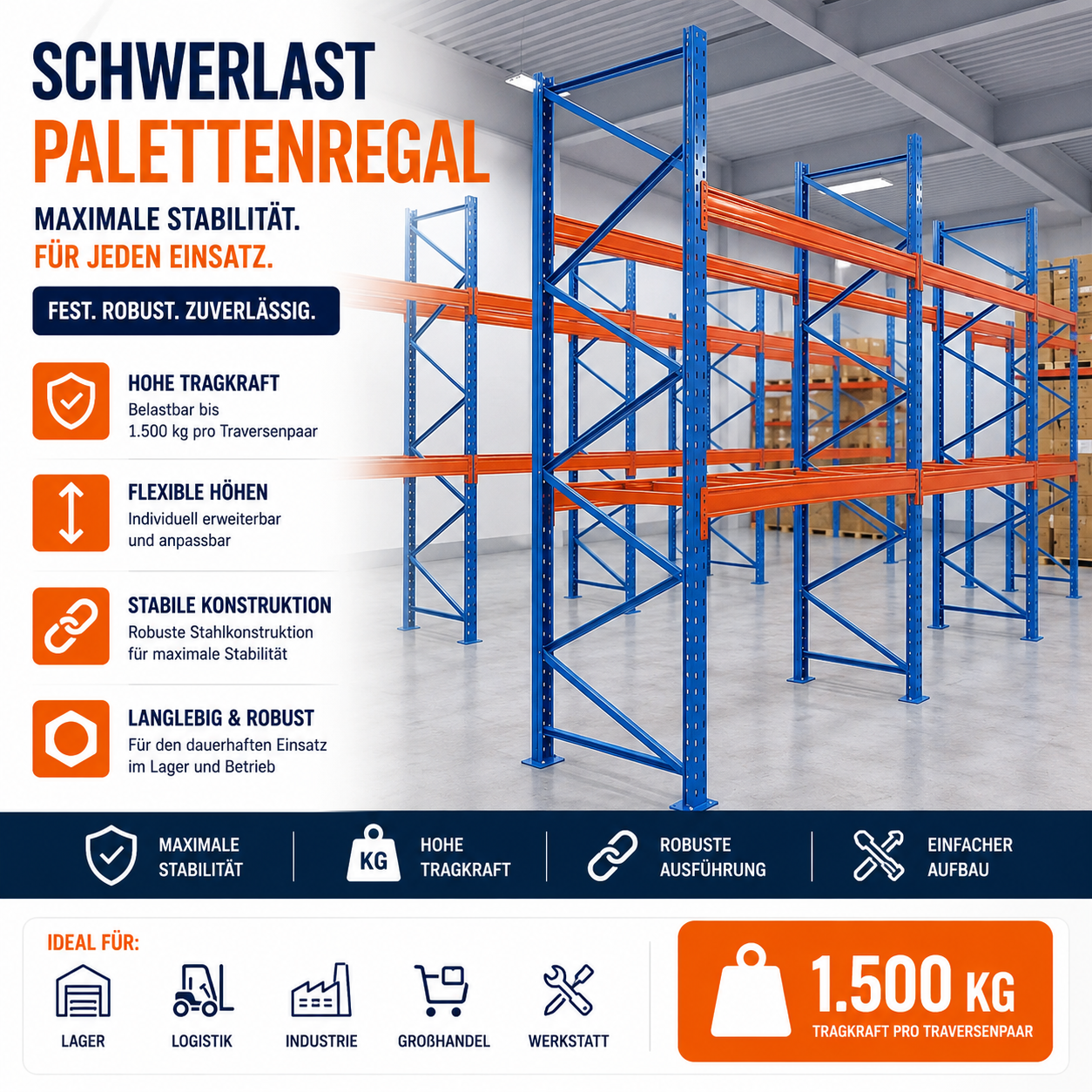 Palettenregal verzinkt – 2,70 m Breite | 2,00–4,50 m Höhe | 1.500 kg Fachlast