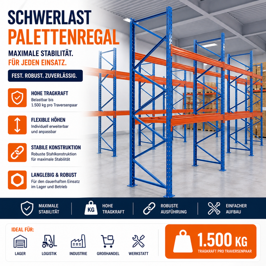 Palettenregal verzinkt – 2,70 m Breite | 2,00–4,50 m Höhe | 1.500 kg Fachlast